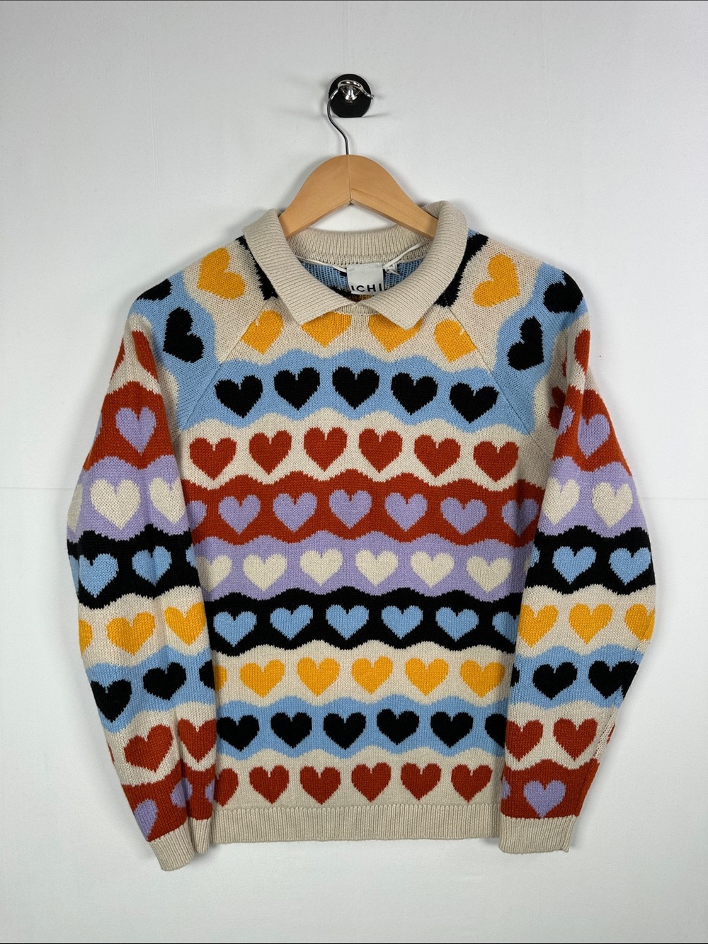 Ichi Knit Sweater Multicolor Heart Pattern Crew Neck Cozy Preppy Retro Size M